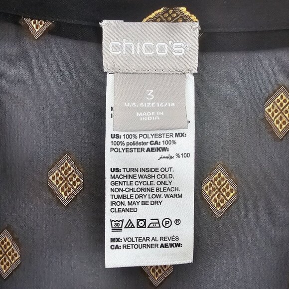 Chico's Button Up Blouse Black Gold Sheer 3/XL Lightweight Peplum Pleated Back - Picture 3 of 12